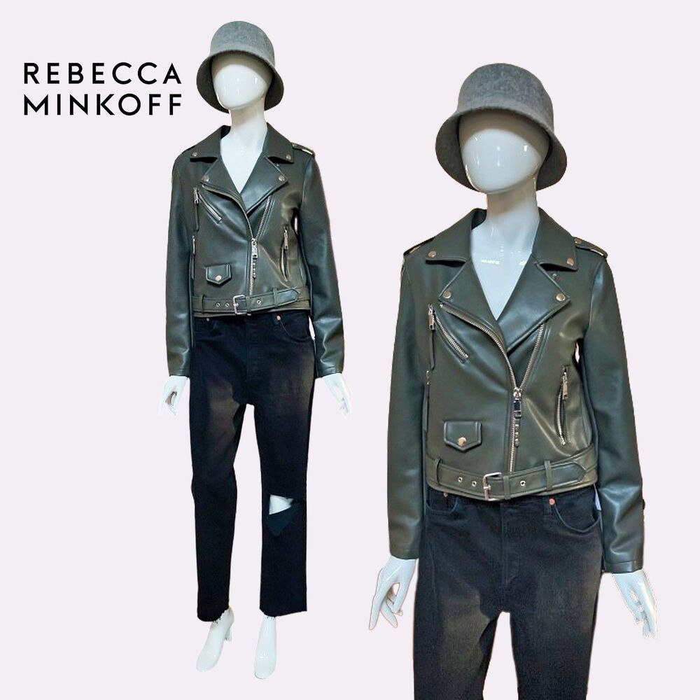 Rebecca Minkoff NWT Olive Faux Leather Belted Moto Jacket — Medium